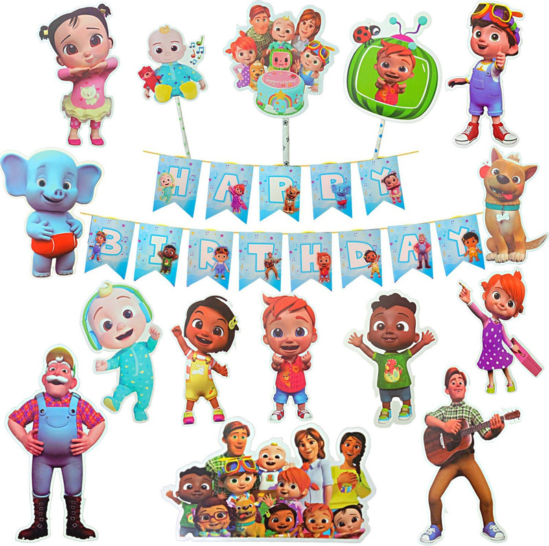 FLICK IN Happy Birthday Coco Melon Banner Cocomelon Cutouts Props Cake Topper Decoration(Set of 16)