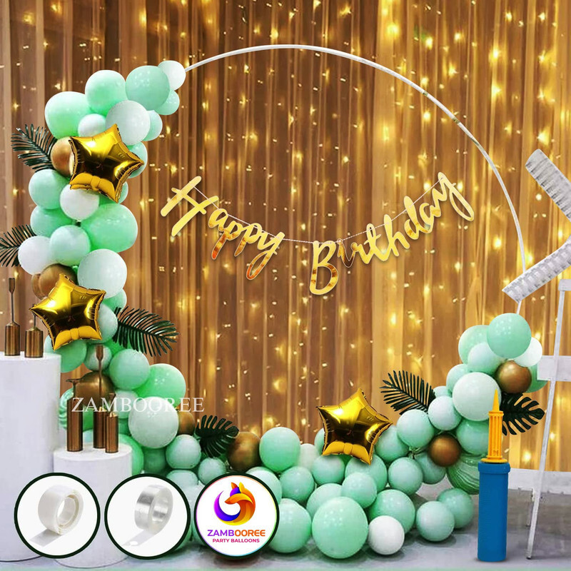 ZAMBOOREE Bunting Birthday, Net, LED, 3 Gold Star, pc Metallic Balloon, Arch Glue & Pump(Set of 39)