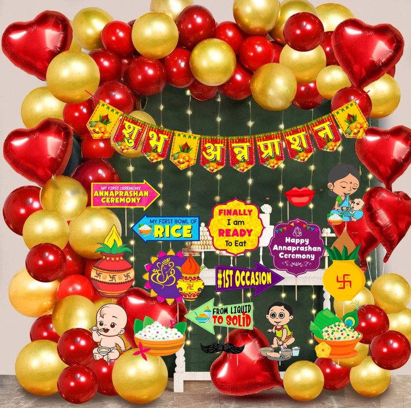 R2R Shubh Annaprashan Decorations Items Banner Balloon Photo Booth Props Red & Gold(Set of 69)