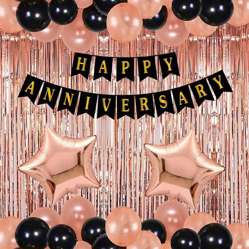 Dinipropz Happy Anniversary Rose Gold Combo Kit With Balloons Foil Star Decoration Set(Set of 35)