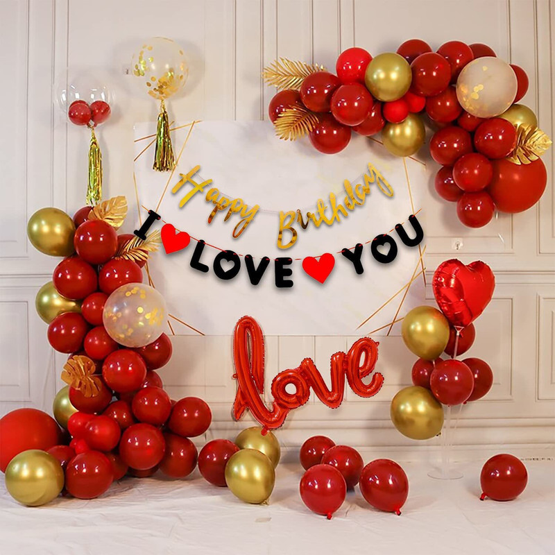 PARTY MIDLINKERZ Solid Red Love Happy Birthday Decoration, 1st Birthday - 45 Pcs for Husband/wife Balloon(Gold, Red, Pack of 45)