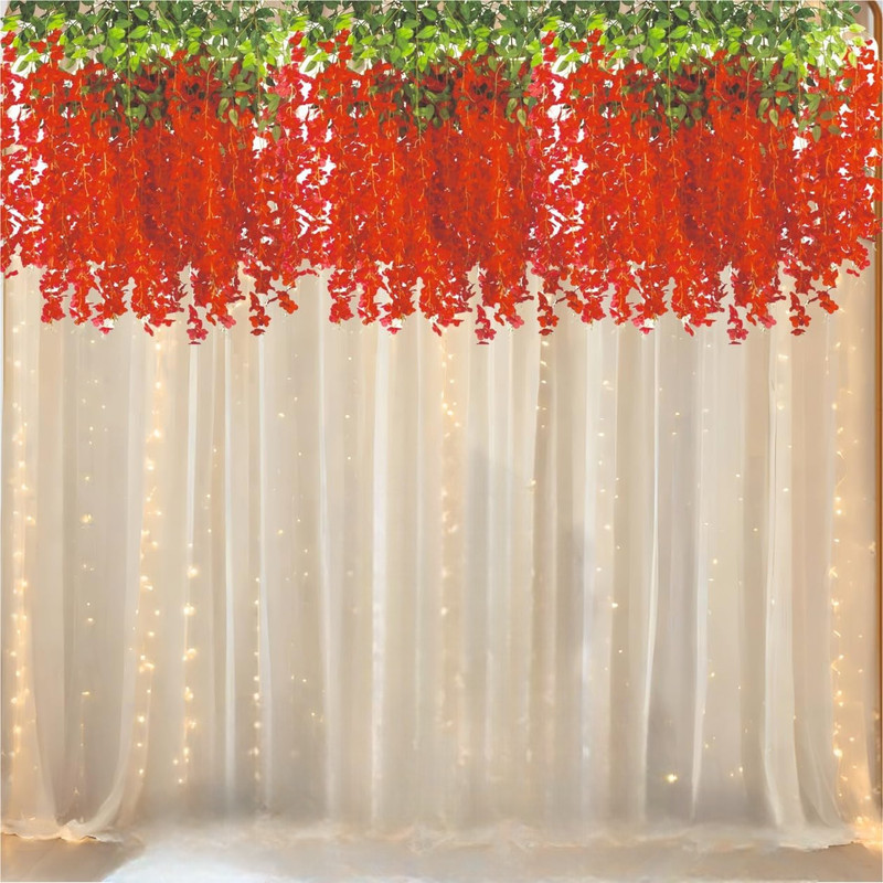 Fun and Flex Haldi Mehendi Decoration Kit Red Wisteria Flowers with White net and Led Light(Set of 9)