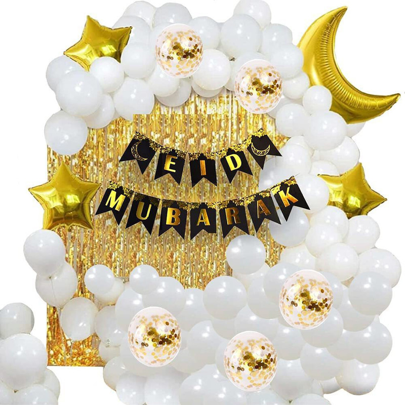 Rozi Decoration White Balloon Eid Mubrak Celebration Combo Kit Star & Moon Balloon Curtain Banner With Glue Dot & Arch To Decor Home Office School
