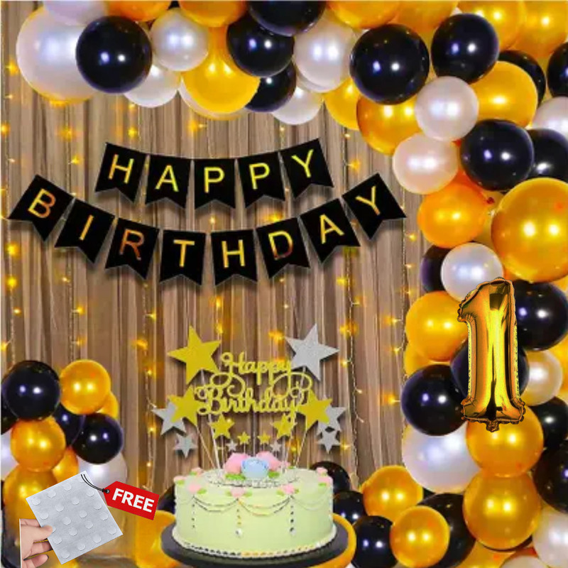 lala balloon Golden & Black Birthday Theme Decoration Set With Free 2 Pcs glue Paper .(Set of 39)