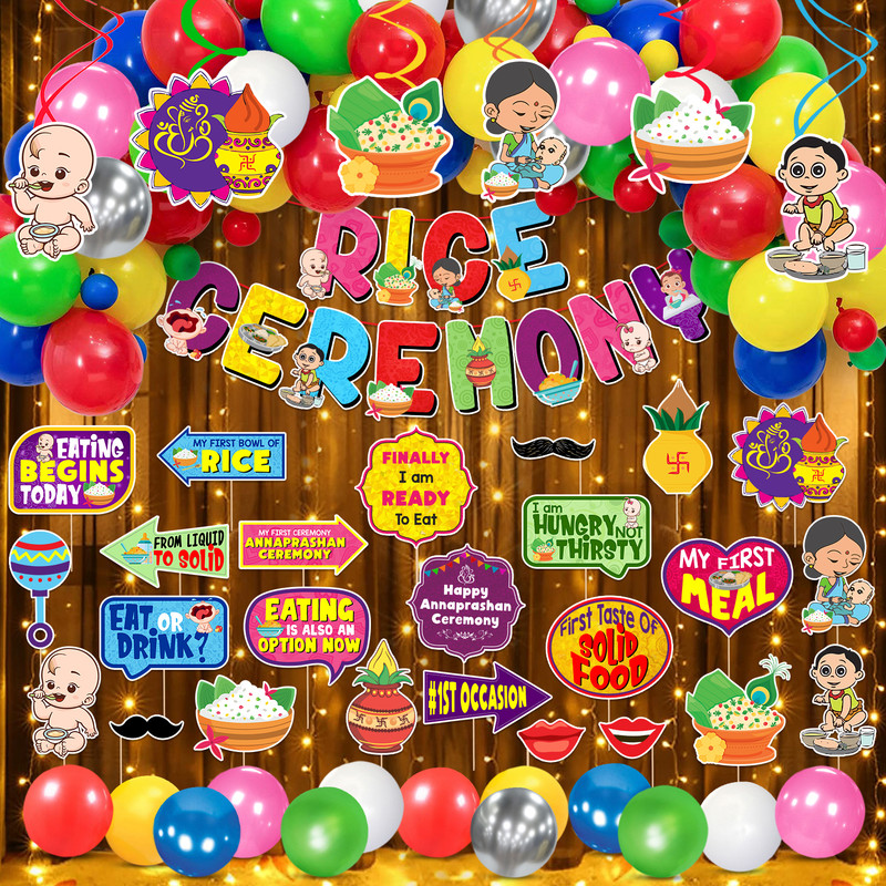 ZYOZI Rice Ceremony Decorations Set-Banner,Balloons,Swirls,LED Rice Lights(Pack of 60)