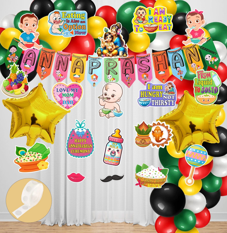 Agk Annaprashan Decoration Item, Annaprashan Banner, Balloon, Star Foil, Glue Dots(Set of 52)