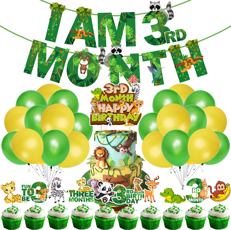 ZYOZI Jungle Theme 3th Month Birthday Decoration for Baby Kids Birthday (Pack of 37)