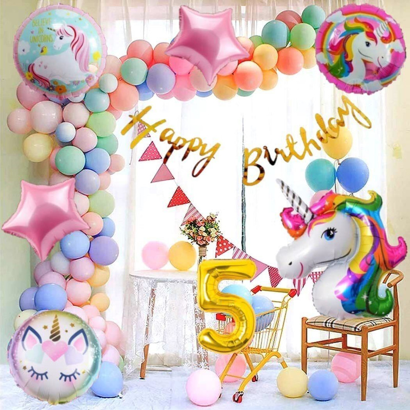 PARTY MIDLINKERZ No 5 Gold Balloons with Unicorn Party Theme Birthday Decoration Items Set Kit(Set of 50)