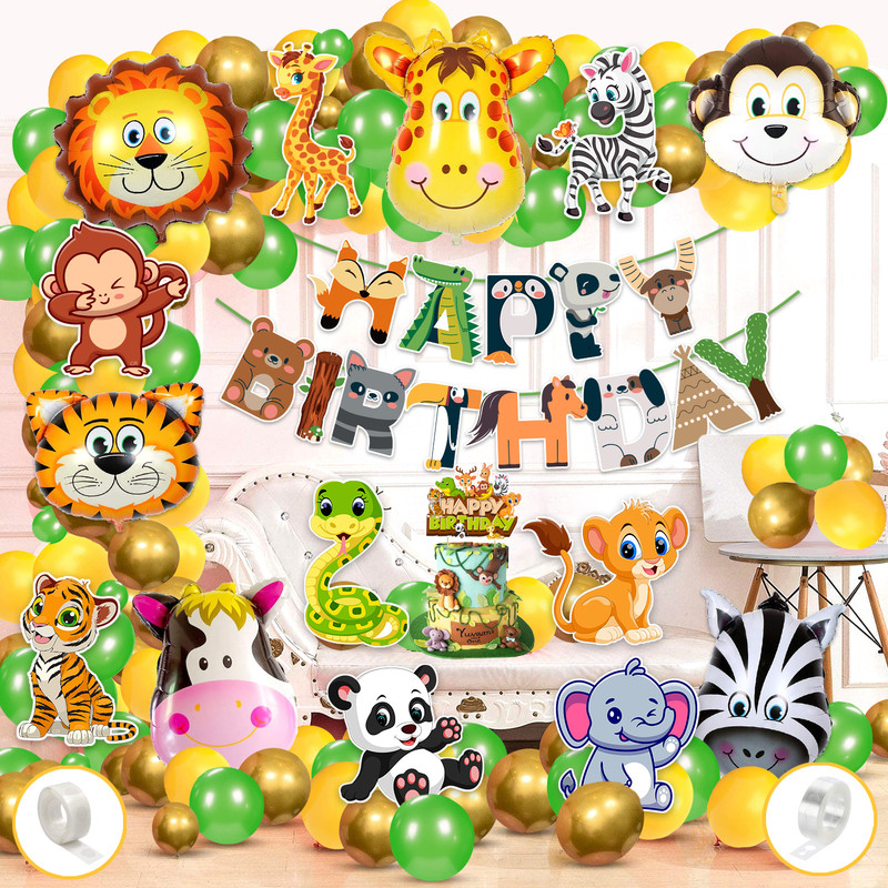 ZYOZI Jungle Birthday Decoration Kit Banner with Balloons,Cake Topper(Set of 68)