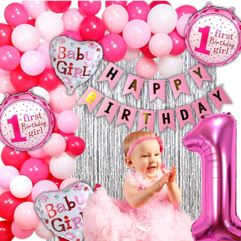 groovy dudz 1st Birthday Decorations for Girls - 60pc Balloons Silver Curtains(Set of 68)