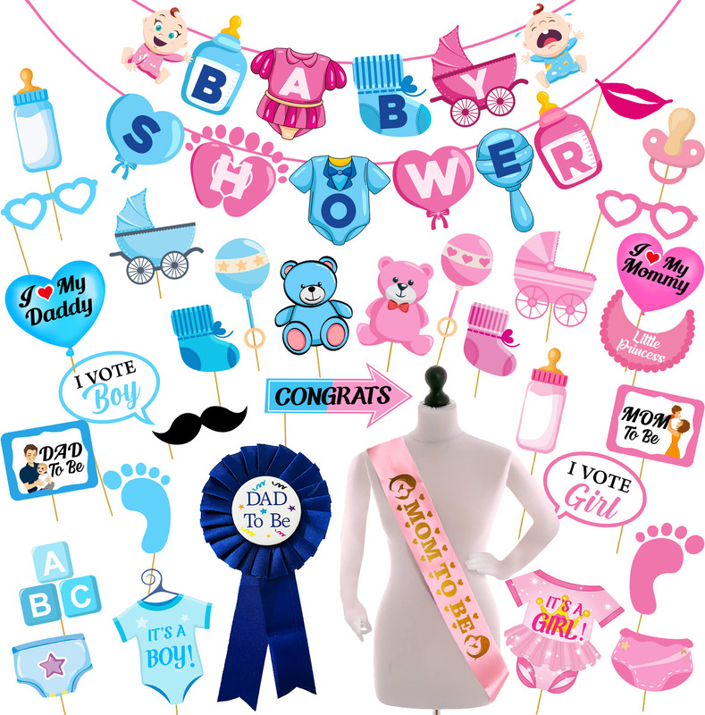 ZYOZI Baby Shower Decorations Combo-Banner,PhotoBooth,Badges & Sash (Pack Of 33)
