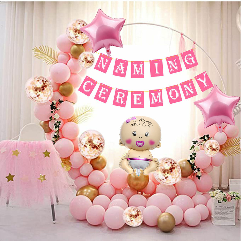Naveen Naming Ceremony Pink Decoration Set Baby Girl Home Decoration Banner Balloons(Set of 60)