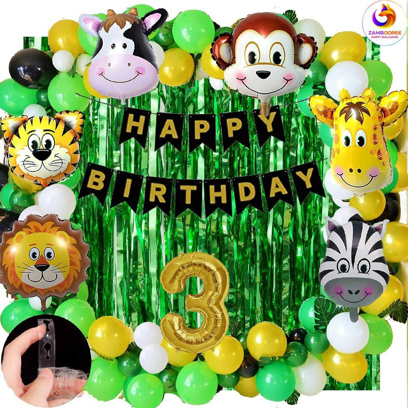 ZAMBOOREE 3rd / 3 Year Birthday Decoration for Girl and Boy 6 Animal foil Balloons(Set of 63)