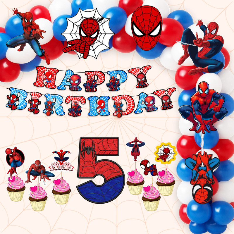 PARTYJOY Spiderman 5th Birthday Decoration Kit with Banner Props for Kids Boys Party(Set of 1)