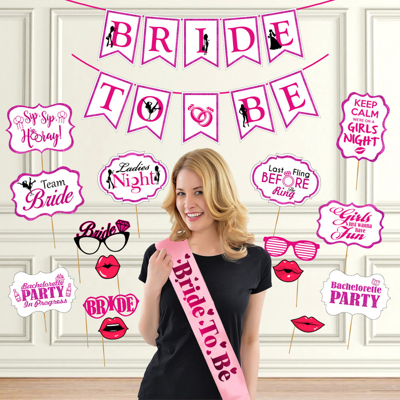 ZYOZI Bachelorette Party Kit | Bride to be Sash | Banner | Photo Booth Props | Bachelorette Party Decorations | Bride to be Gift | Engagement Party (Pack of 17)(Set of 17)