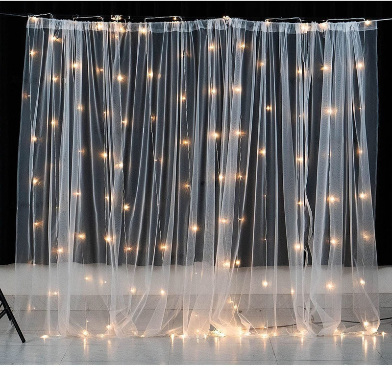 PARTY MIDLINKERZ Tulle White Net Curtain cloth backdrop and LED Fairy Lights Birthday Combo(Set of 3)