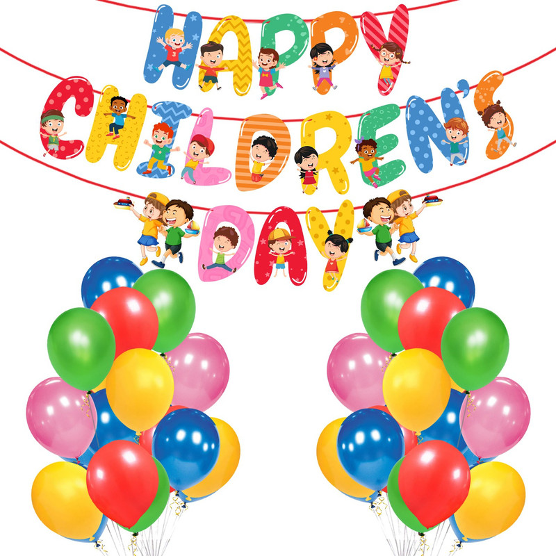 ZYOZI Happy Children Day Banner with Balloons for Children Day Decorations(Pack of 26)(Set of 26)