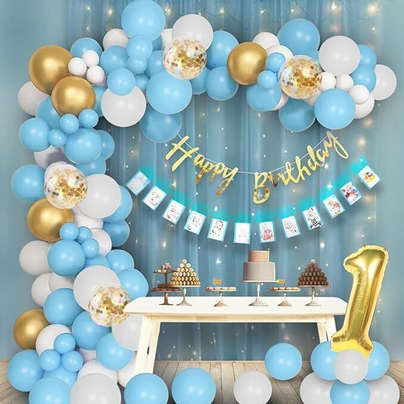PARTY MIDLINKERZ 1st/First Birthday Boy Photo Banner Decoration Kit with White Net and Led Light(Set of 77)