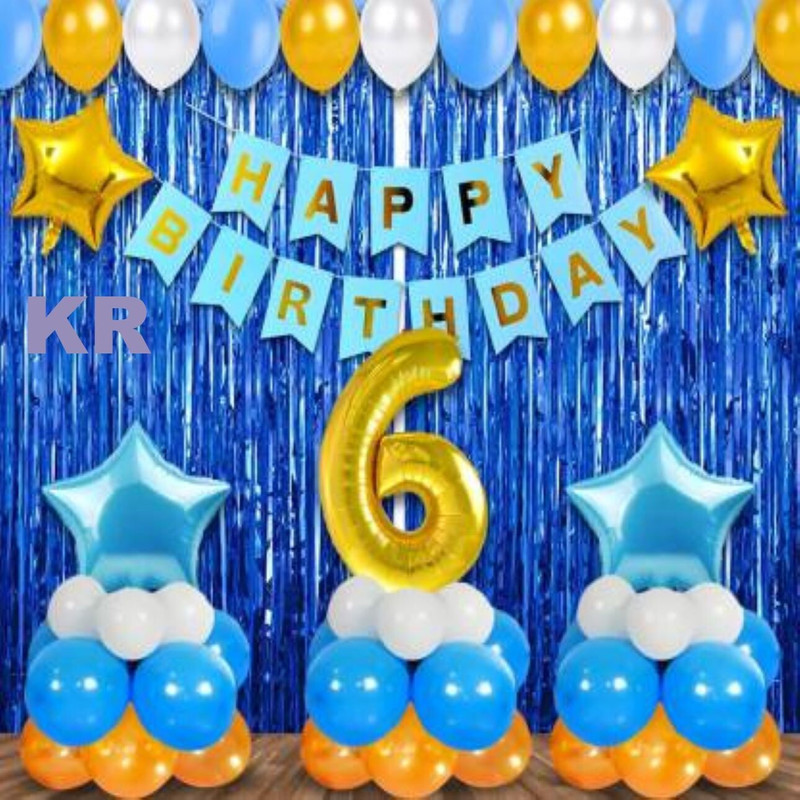 KR Happy Birthday Decoration Kit - 53Pcs Blue Theme 6th Birthday Decoration Combo for Boys With No.2 Golden Foil Balloon, Happy Birthday Cardstock Paper Banner, Metallic Balloons (Set of 53)(Set of 53)
