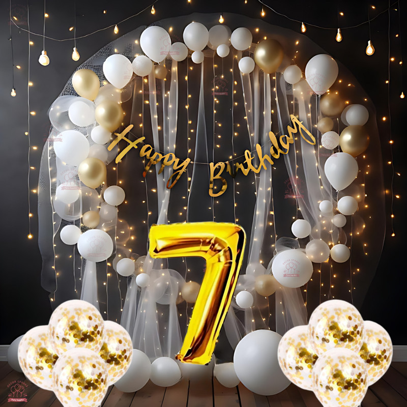 DECOR SPARKS 58pcs 7Year Birthday Decoration Kit with LED Balloons & Backdrop Curtain