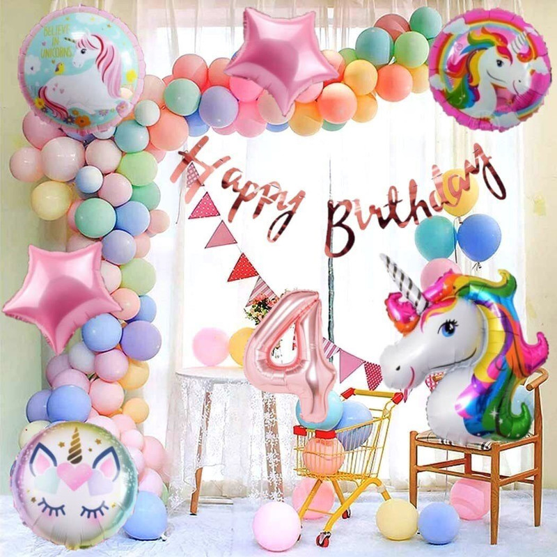 PARTY MIDLINKERZ No 4 Rose Gold Balloons with Unicorn Party Theme Birthday Decoration Items Kit(Set of 50)