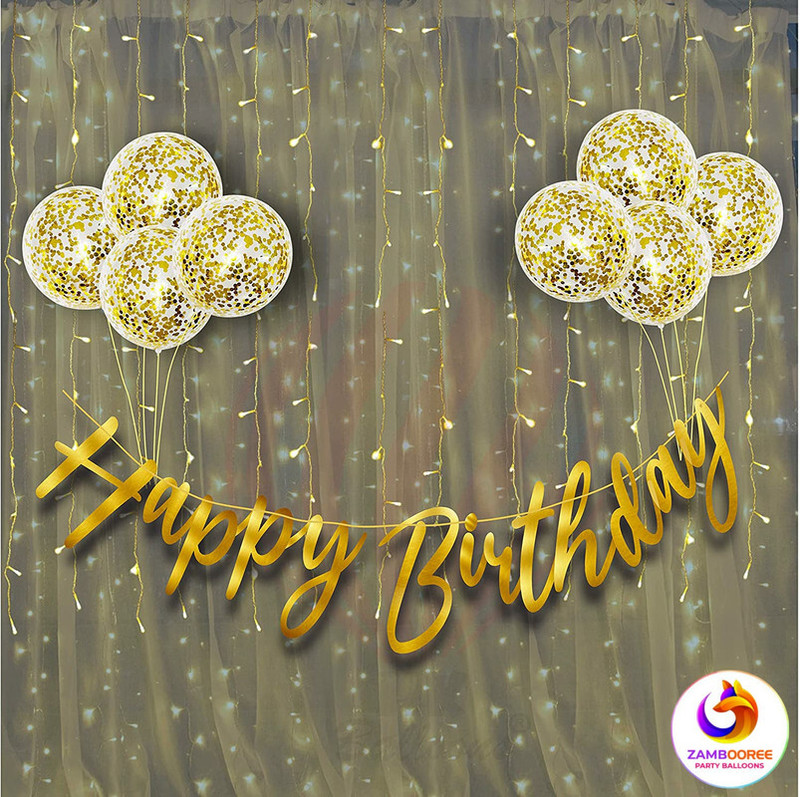 ZAMBOOREE Gold Birthday cursive Banner Decoration Set with confetti balloons & LED lights(Set of 10)