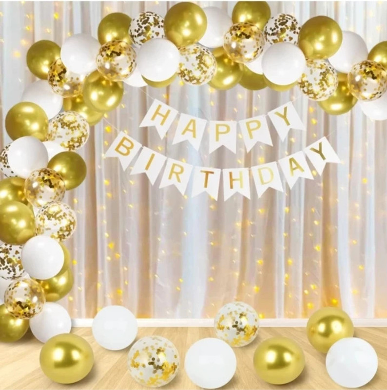 musbu White and Golden Happy Birthday Decoration Kit with Net Curtain and light