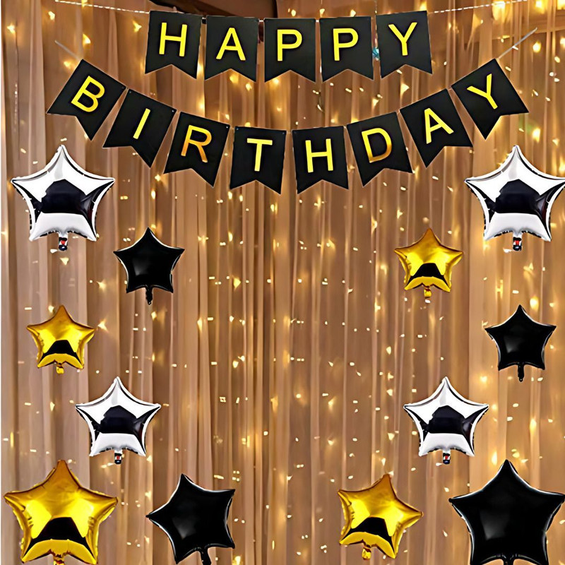 KHUSHDIN 15pcs Happy Birthday Decoration | White Net Curtain with Led Light | Foil Star