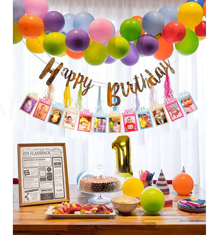 ZAMBOOREE Bunting Happy Birthday, Multi Photo Banner, No.1, 30 Multi Balloon & Arch(Set of 34)