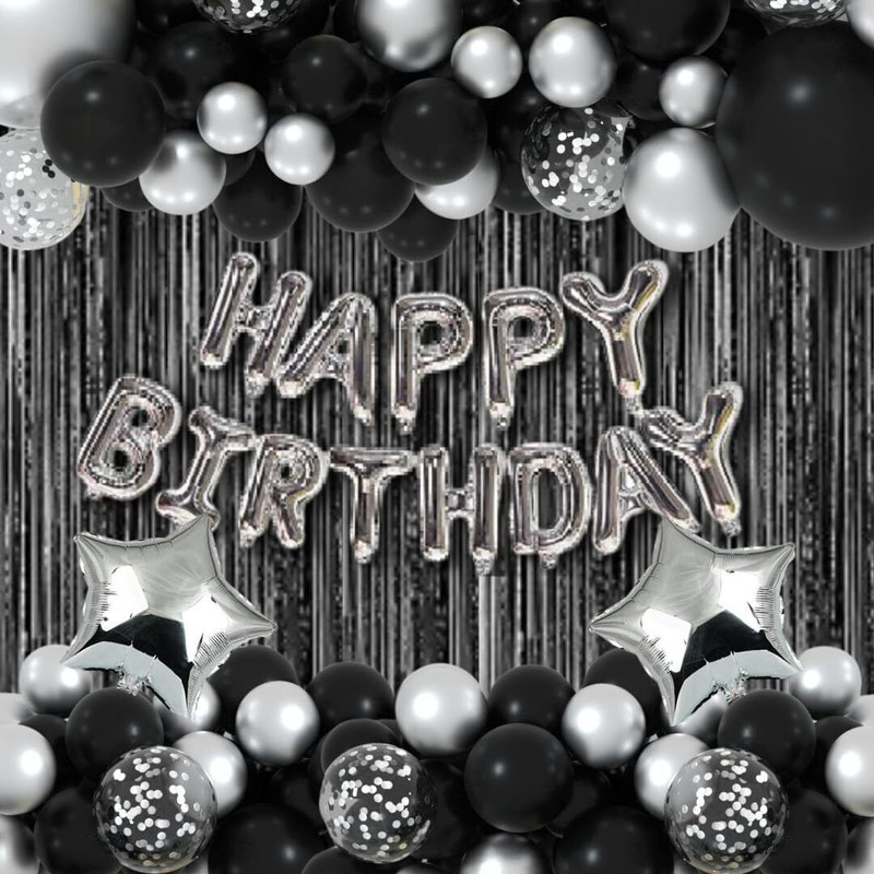 PARTY MIDLINKERZ Silver & Black Theme Birthday Decoration for Boys, Girls, Adults(Set of 54)