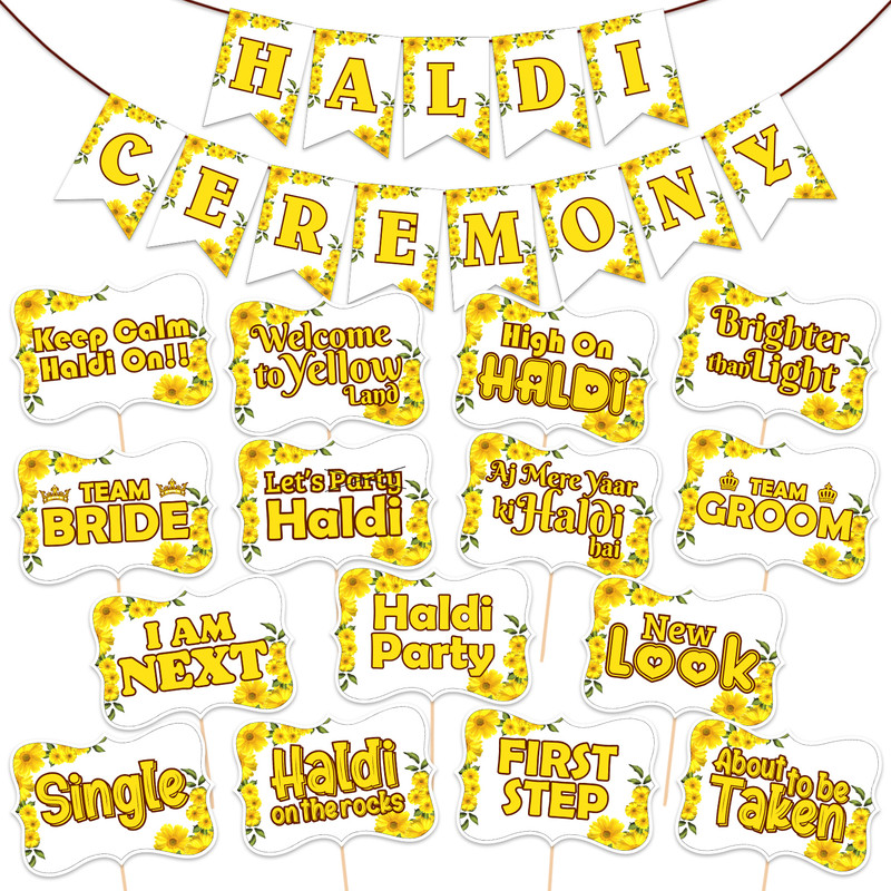 ZYOZI Haldi Props for Photoshoot,Haldi Ceremony Banner Haldi Sash for Bride and Family(Set of 16)