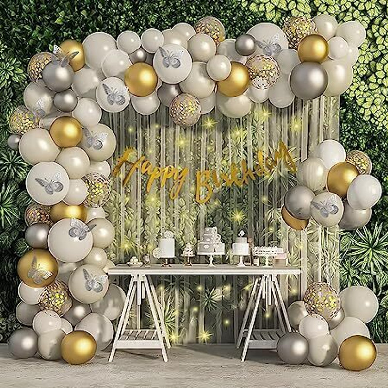 Fun and Flex Gold and Silver Butterfly Theme Birthday Decoration Kit with White net and Light(Set of 85)