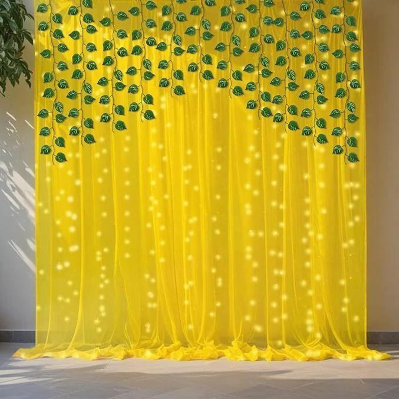 PARTY MIDLINKERZ Haldi/Wedding/Pooja Backdrop Decoration Kit with Led Light and Yellow Net(Set of 8)