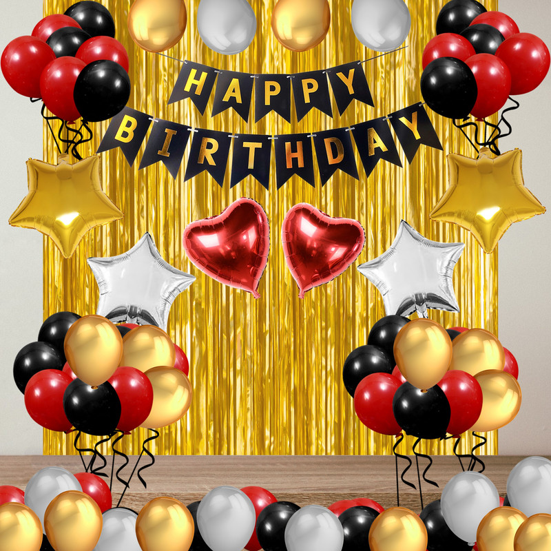 PARTY MIDLINKERZ Solid Happy Birthday Balloons Decoration Kit 70 Pcs, 1 set of Black "Happy Birthday" 13pcs alphabet Banner and 60pcs HD Metallic balloons(Golden, Black, Silver, Red) and 4Pcs of Star Balloons (2 Gold, 2 Silver) with 2pcs Heart Balloon with 2Pcs of Golden Curtains for Kids Husband Wi