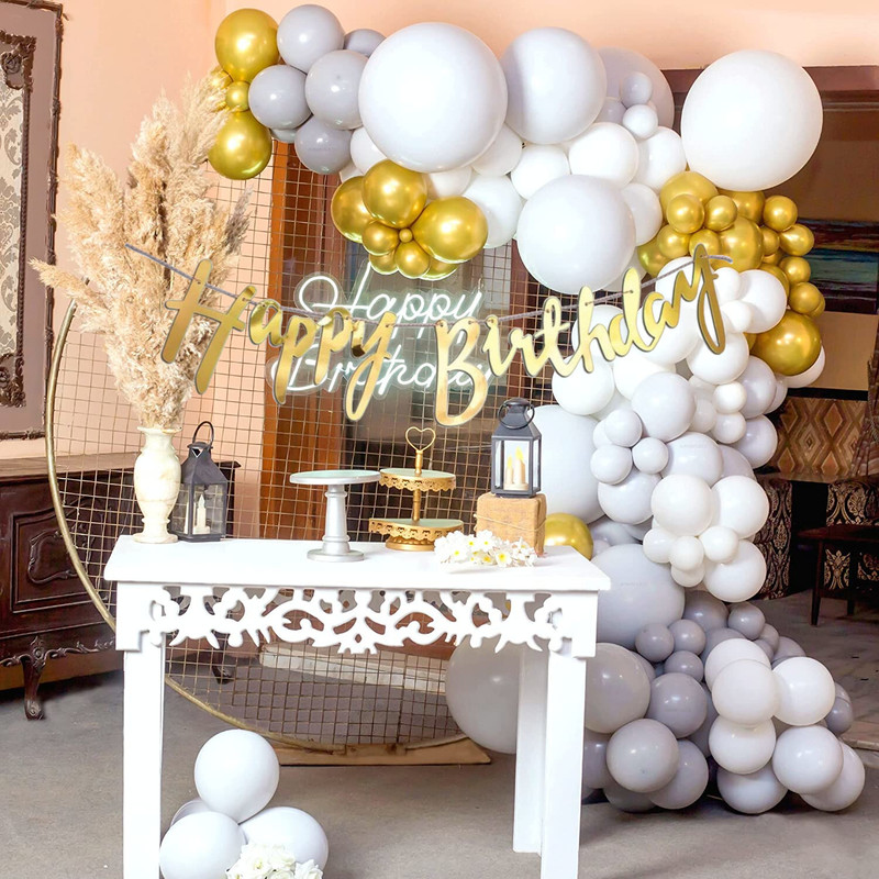 R G ACCESSORIES Grey White Golden Balloon, Happy Birthday Banner Decoration Arch Kit Pack Of 100(Set of 100)