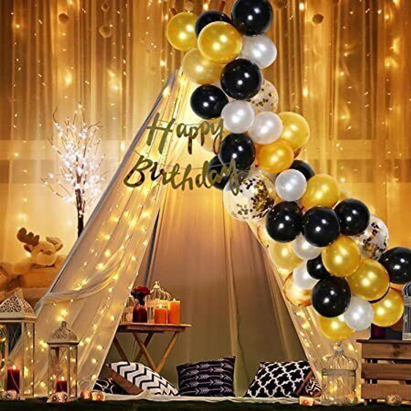 PARTY MIDLINKERZ Black and Gold Confetti Birthday Decoration Combo With White net and Led Light(Set of 26)