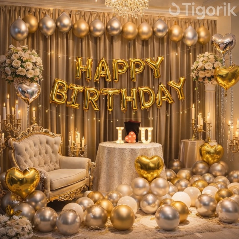 tigorik Royal Gold Happy Birthday Decoration Kit(Set of 51)