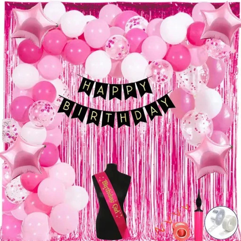 PARTY MIDLINKERZ Pink Theme Birthday Decoration Kit Set Items Combo Balloons for Girls with Sash(Set of 68)