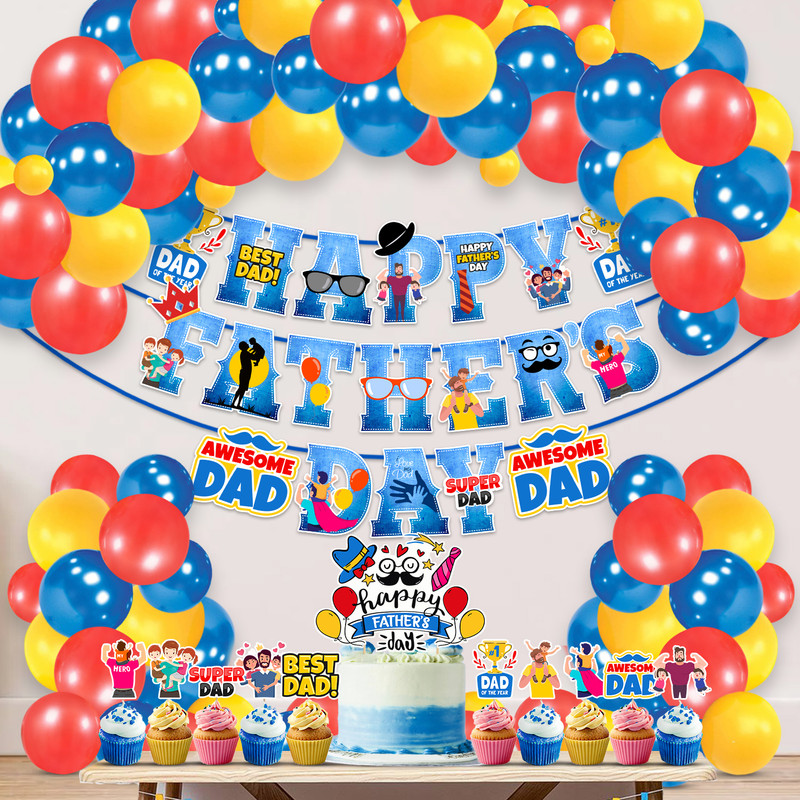 ZYOZI Happy Fathers Day Banner with Balloons,Cake Topper,Cupcake Topper(Set of 37)