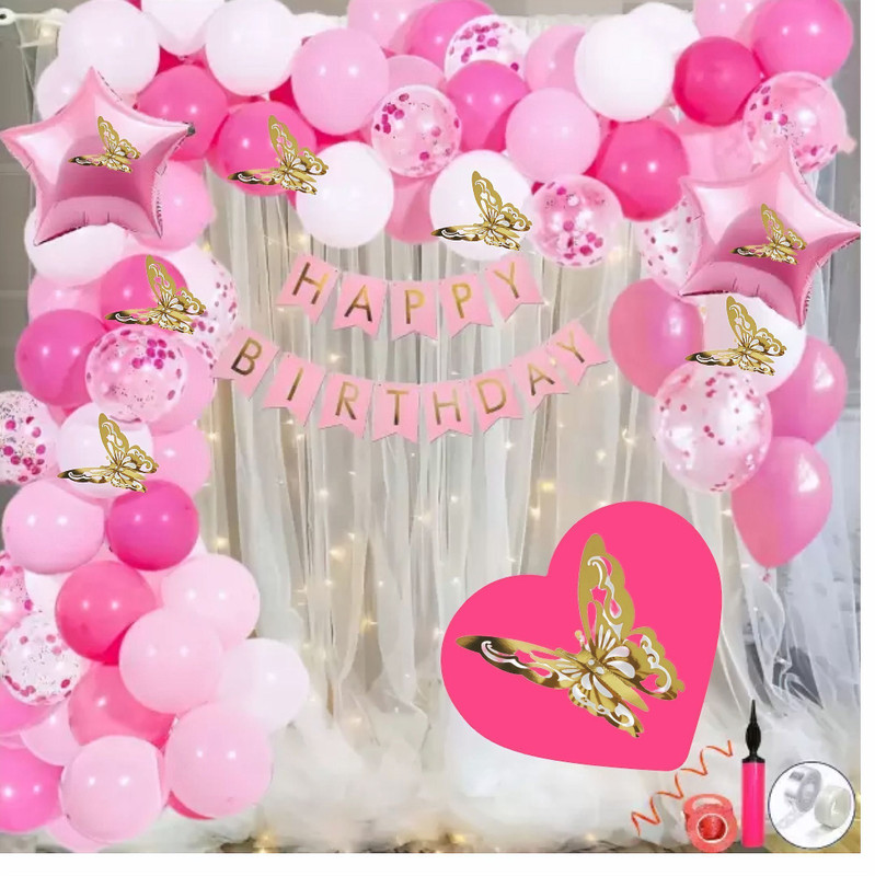 FOOGAA Luxary Birthday Decorations kit Pink baby Pink White Balloons and 3D Butterfly(Set of 78)