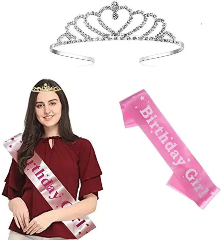 Unique Creations Birthday Girl Pink Sash with Beautiful Rhinstone Tiara Crown Set with Safety Pin(Set of 3)