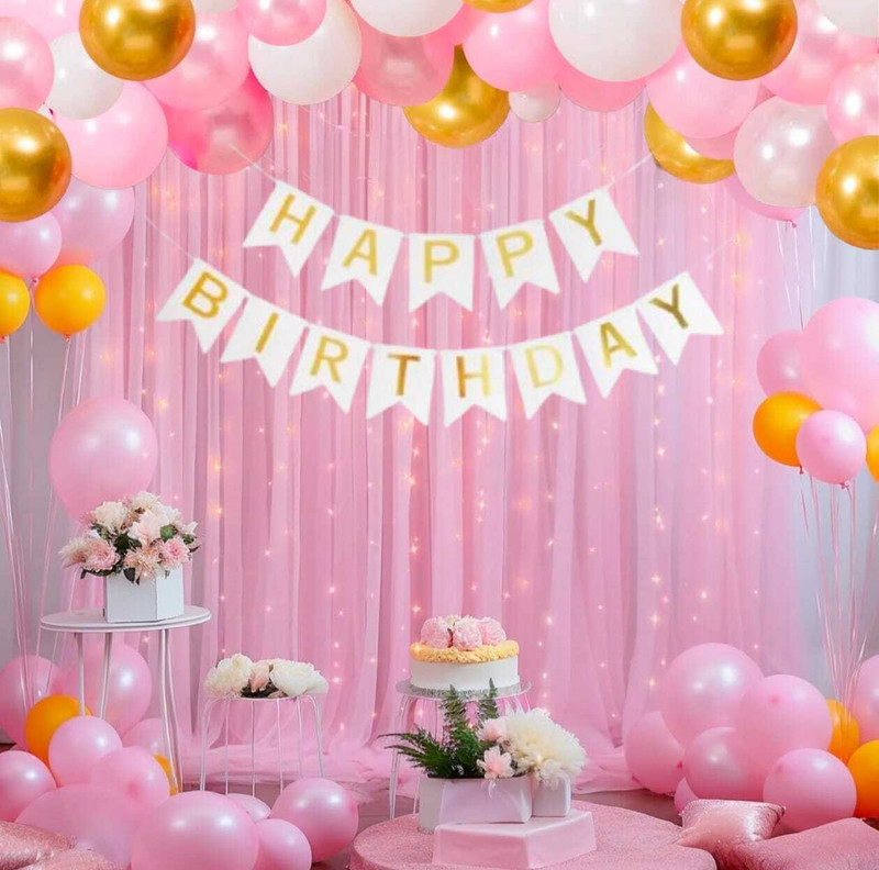R2R Pink Net Curtain With Led Light and Balloons for Birthday, Wedding, Anniversary.(Set of 46)