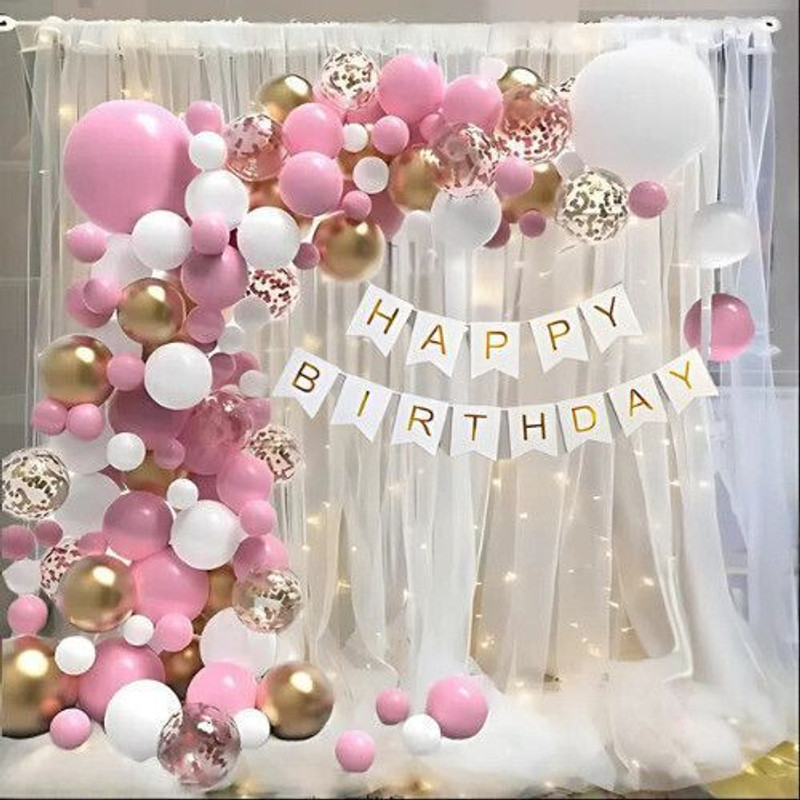 DECOR SPARKS 63pcs Happy Birthday Decor Banner with LED Light, Net Curtain & Confetti