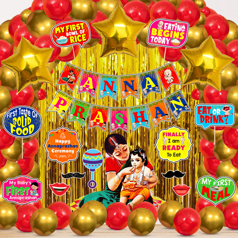 ZYOZI RICE CEREMONY Decorations Combo-Banner, Balloons,PhotoBooth (Pack Of 51)