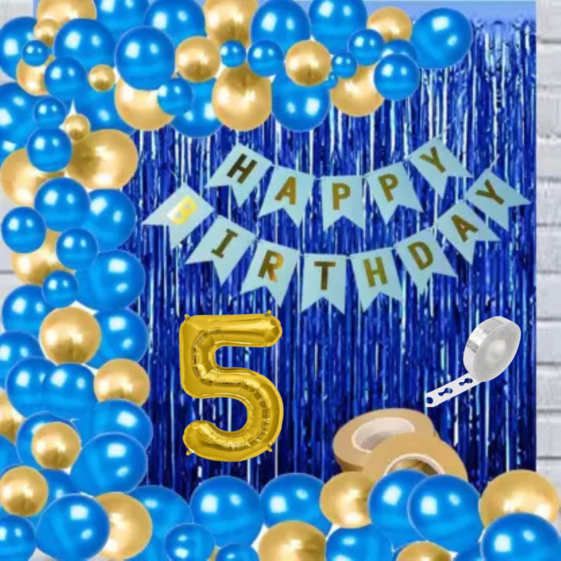 KR 5TH/FIFTH BIRTHDAY DECORATION WITH BLUE GOLD BALLOON BANNER CURTAIN ARCH(Set of 45)