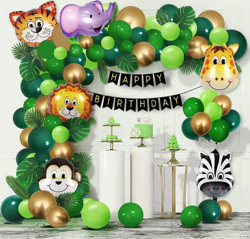 SOI Jungle Safari Green Theme Birthday Decoration Kit with Animals Face Foil Balloons, Happy Birthday Banner, Leaf and Balloons(Set of 64)