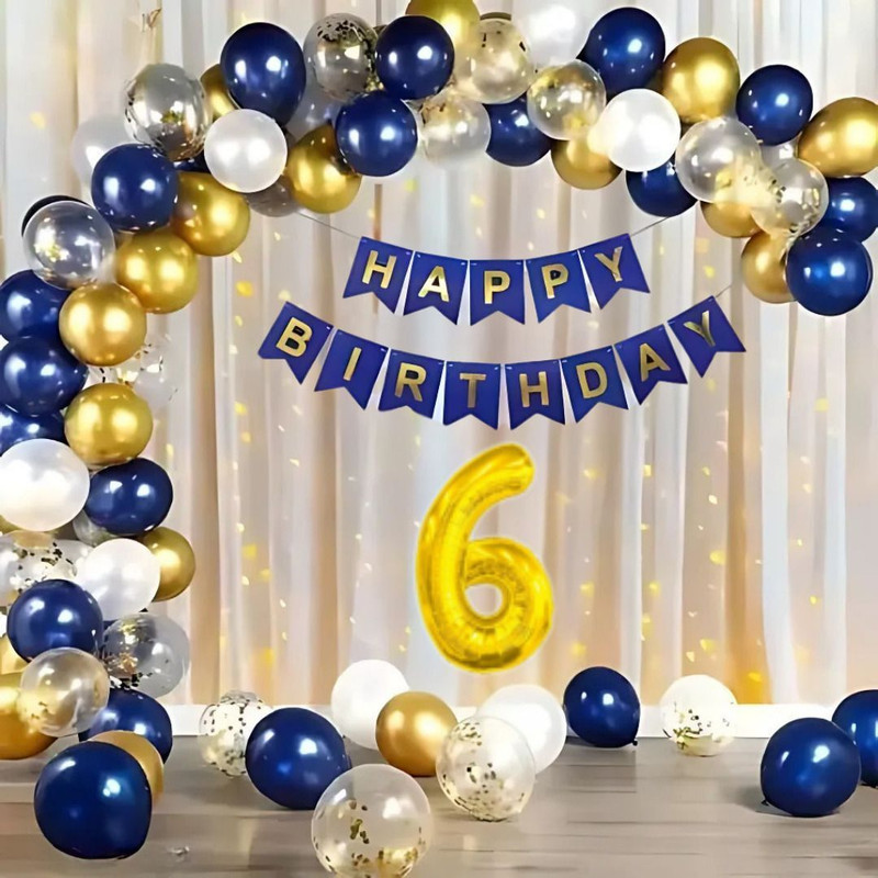 DECOR SPARKS 65pcs Blue Gold 6Year Birthday Decoration Kit with Balloons & Banner