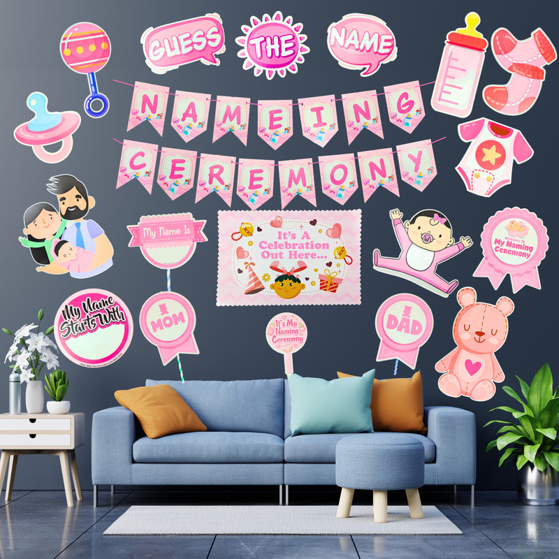 Party Decorz Naming Ceremony Decoration Combo | Pink English Naming Ceremony Decoration(Set of 19)
