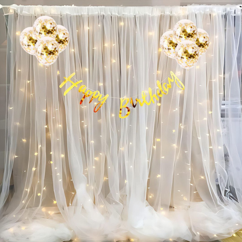 DECOR SPARKS 12pcs Happy Birthday Decoration | White net Curtain with Led Light(Set of 12)