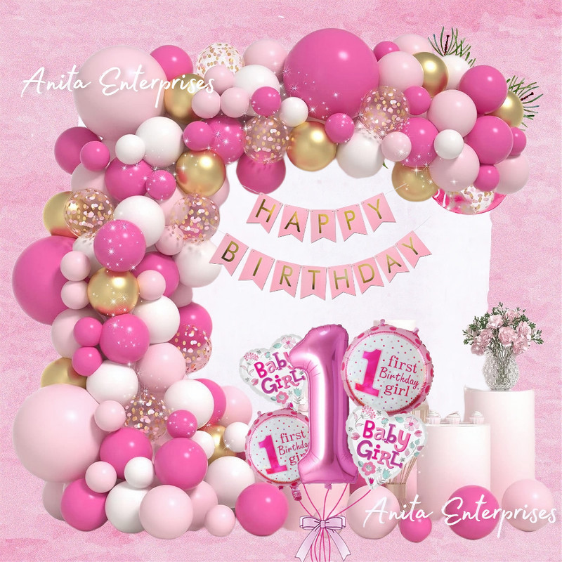 ANILOONS Adorable 1st Birthday Girl Celebration Decorative Items Kit - Pink Theme(Set of 76)